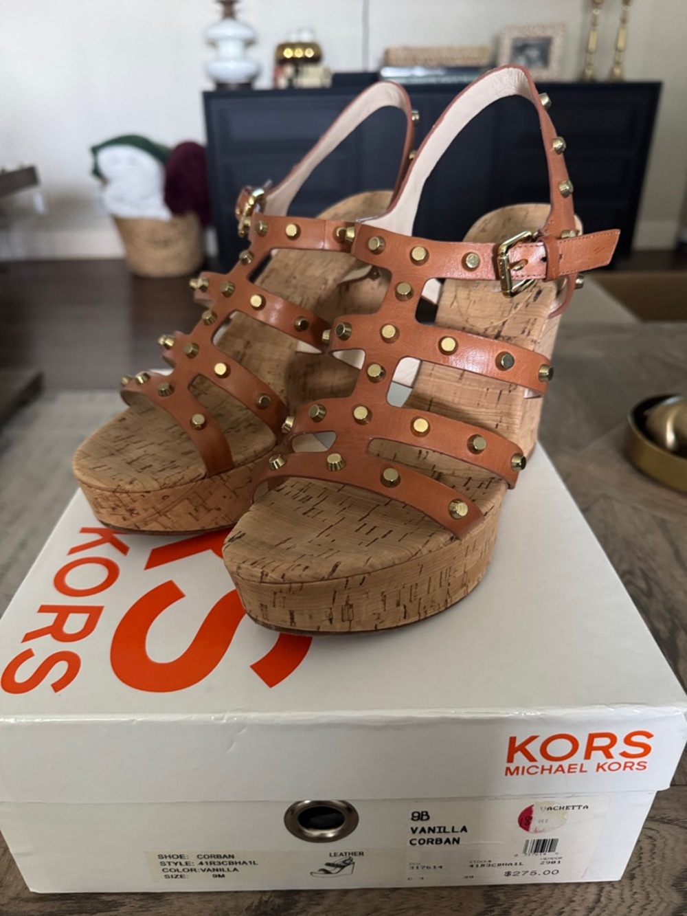 Michael Kors Tan Leather Studded Cork Wedge Sandals